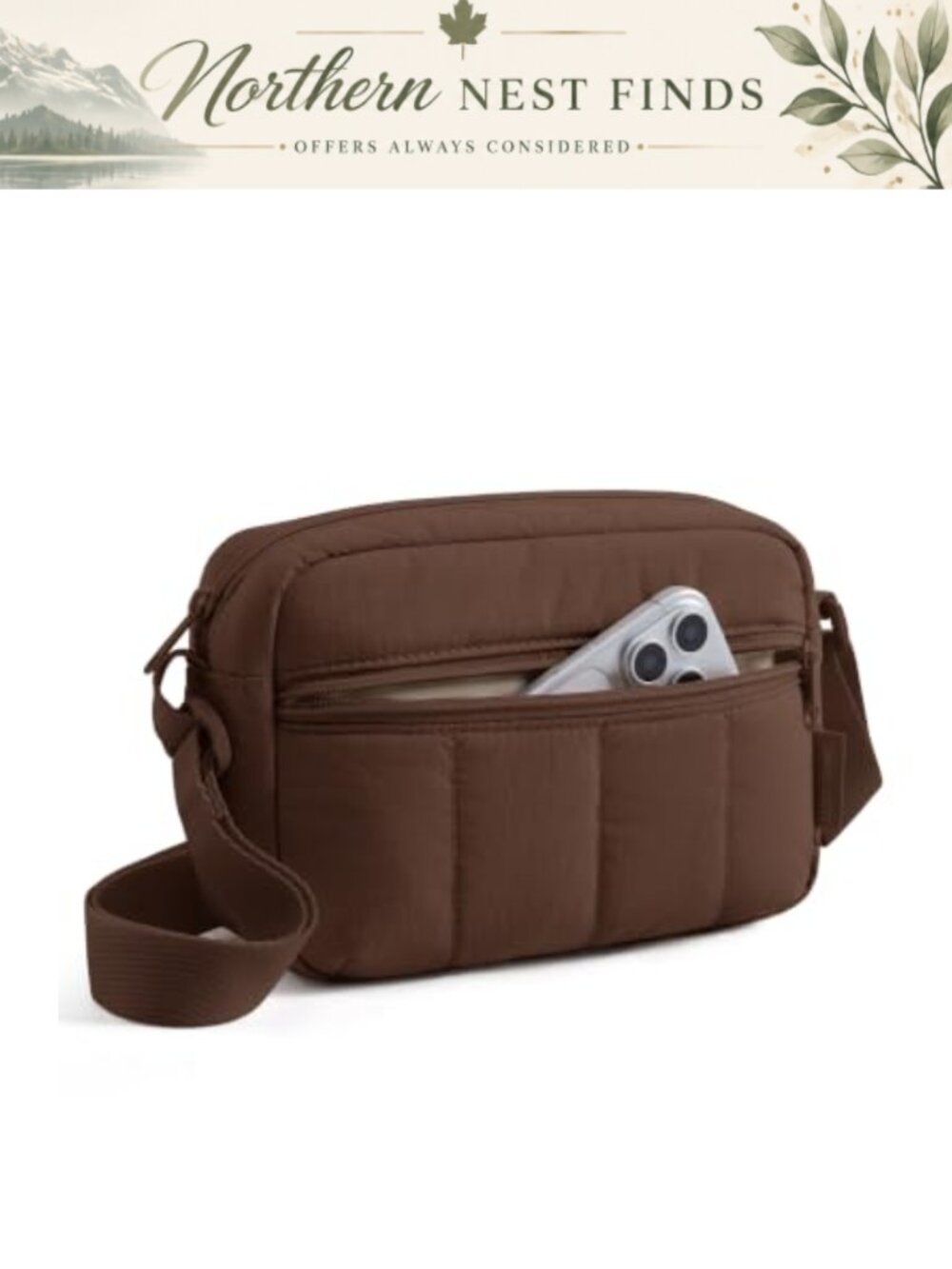 Lightweight Puffy Crossbody Bag Water Resistant Nylon Quilted Adjustable Strap
